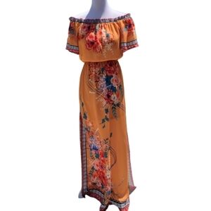 Flying Tomato Size S Burnt Orange, Red, Teal, Ivory Floral Patterned Maxi Dress
